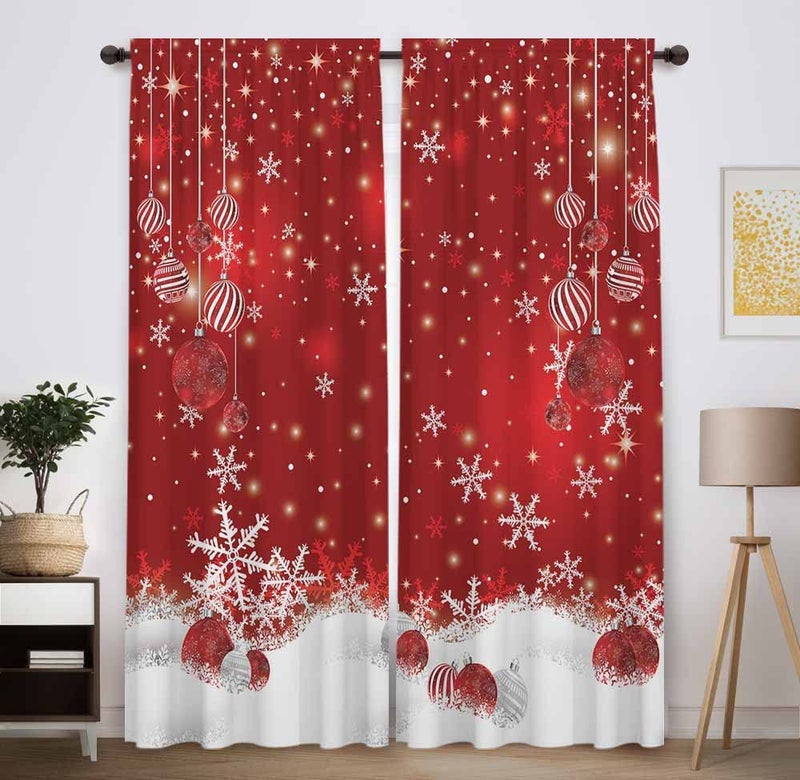 Funnytree Red Christmas Window Curtain Kids Winter Xmas Glitter Bokeh Print Curtains Home Decor Rod Pocket Darkening Drapes for Bedroom Living Room 82 in x 84 in - Image 2