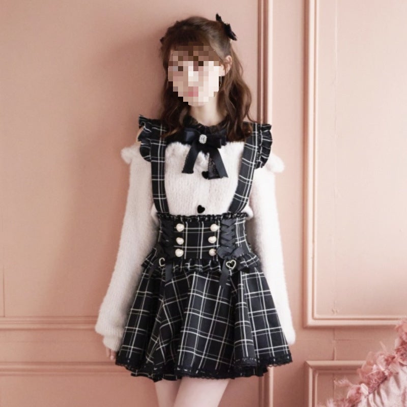 [Full] Japanese Lilei Ribbon Bow Strap Skirt Lolita Soft Girl Cute Skirt Black plaid skirt (without shirt)