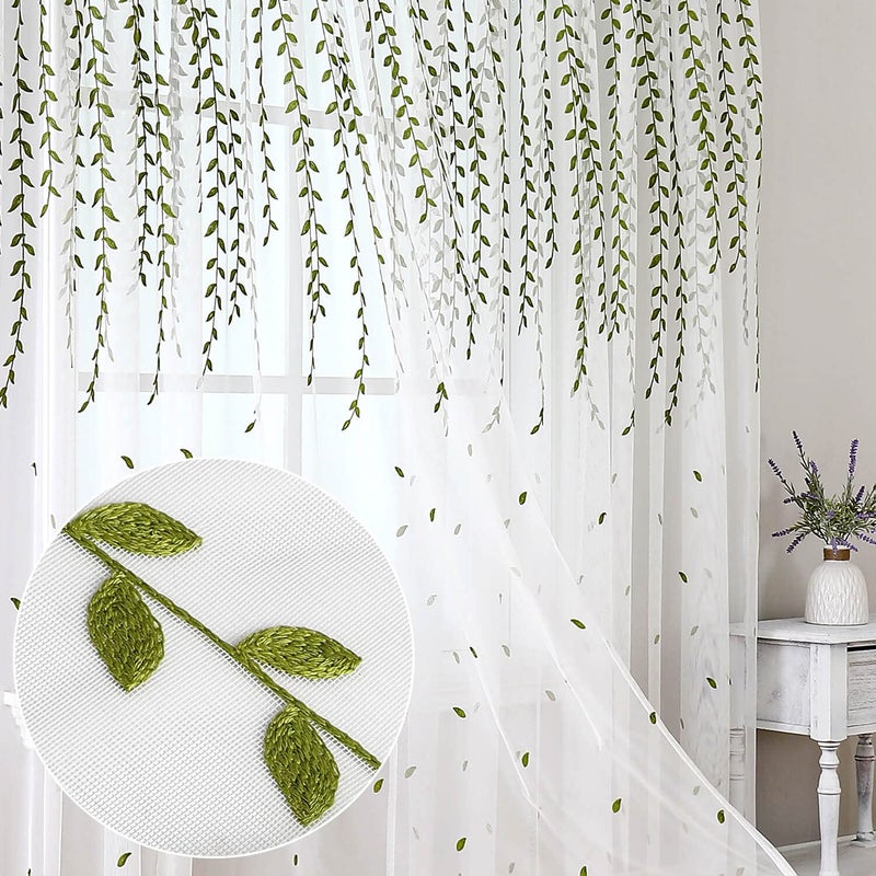 BROSHAN Green Pattern Curtains Sheer Vine Leaf Design Embroidered White Curtains 75 inches Long Transparent Window Treatment Curtain Set for Living Room Bedroom 2 Panels