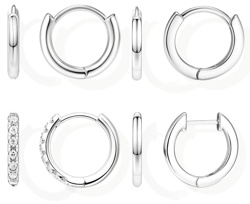 Poxtex 8mm Small Huggie Silver Hoop Earrings for Women Sterling Silver Cute Mini Cartilage Earrings Set for Multiple Piercing Tragus Helix Rook Piercing Jewelry Lightweight Clip On - Image 1