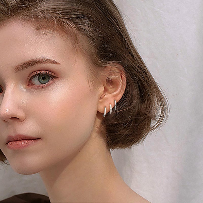 Poxtex 8mm Small Huggie Silver Hoop Earrings for Women Sterling Silver Cute Mini Cartilage Earrings Set for Multiple Piercing Tragus Helix Rook Piercing Jewelry Lightweight Clip On - Image 3