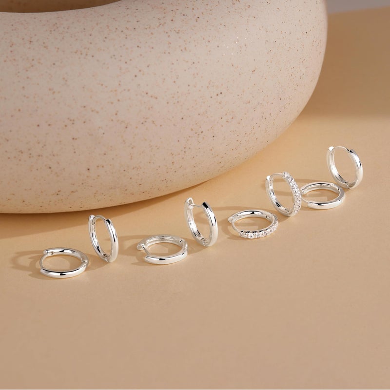 Poxtex 8mm Small Huggie Silver Hoop Earrings for Women Sterling Silver Cute Mini Cartilage Earrings Set for Multiple Piercing Tragus Helix Rook Piercing Jewelry Lightweight Clip On - Image 4