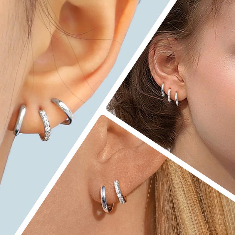 Poxtex 8mm Small Huggie Silver Hoop Earrings for Women Sterling Silver Cute Mini Cartilage Earrings Set for Multiple Piercing Tragus Helix Rook Piercing Jewelry Lightweight Clip On - Image 5