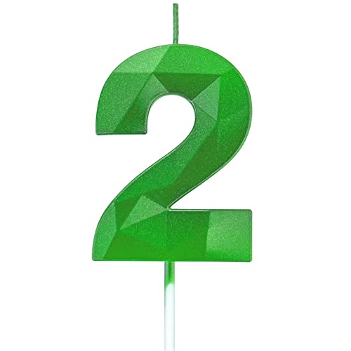 Willcan 2.75in 3D Diamond Shape Tall 2 Green Glitter Candles, Happy Birthday Cake Toppers for Adults/Kids Party/Family Baking - Image 1