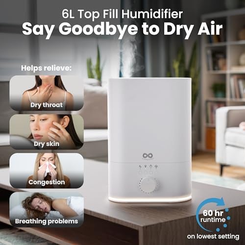 Everlasting Comfort 6L Top Fill Humidifier for Bedroom – Quiet, Easy to Fill & Clean, 60HR Runtime, Night Light, Timer, Ultrasonic Cool Mist, Auto Shut-Off, Essential Oil Compatible - White - Image 3