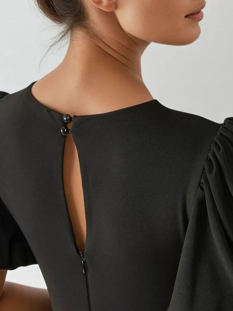 HICCUP Fitted Contrast Midi Dress with Crew Neck - Image 5