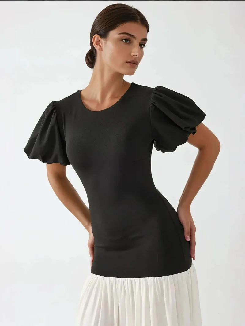 HICCUP Multicolor Fitted Contrast Midi Dress with Crew Neck for Women | Best Price UAE