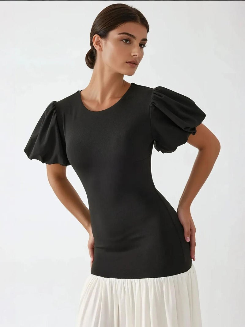 HICCUP Fitted Contrast Midi Dress with Crew Neck - Image 3