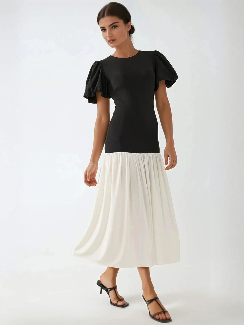 HICCUP Fitted Contrast Midi Dress with Crew Neck - Image 1