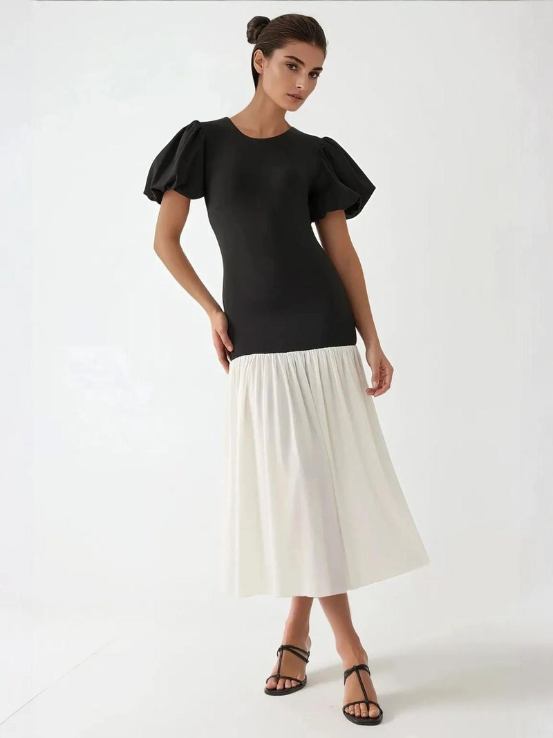 HICCUP Fitted Contrast Midi Dress with Crew Neck - Image 2