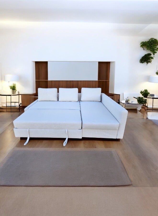 KARNAK Convertible Sofa Cum Bed L-Shape Corner Sofa with Diwan Bed, Storage Box & Cushions – Perfect for Living Rooms, Homes, Offices, Apartments, and Studio Rooms – 3 Seater in Elegant White (215x150x75 cm) - Image 3