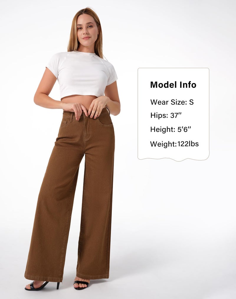 roswear Women's Wide Leg Jeans High Waisted Stretchy Denim Trouser Pants Saddle Brown Medium - Image 4