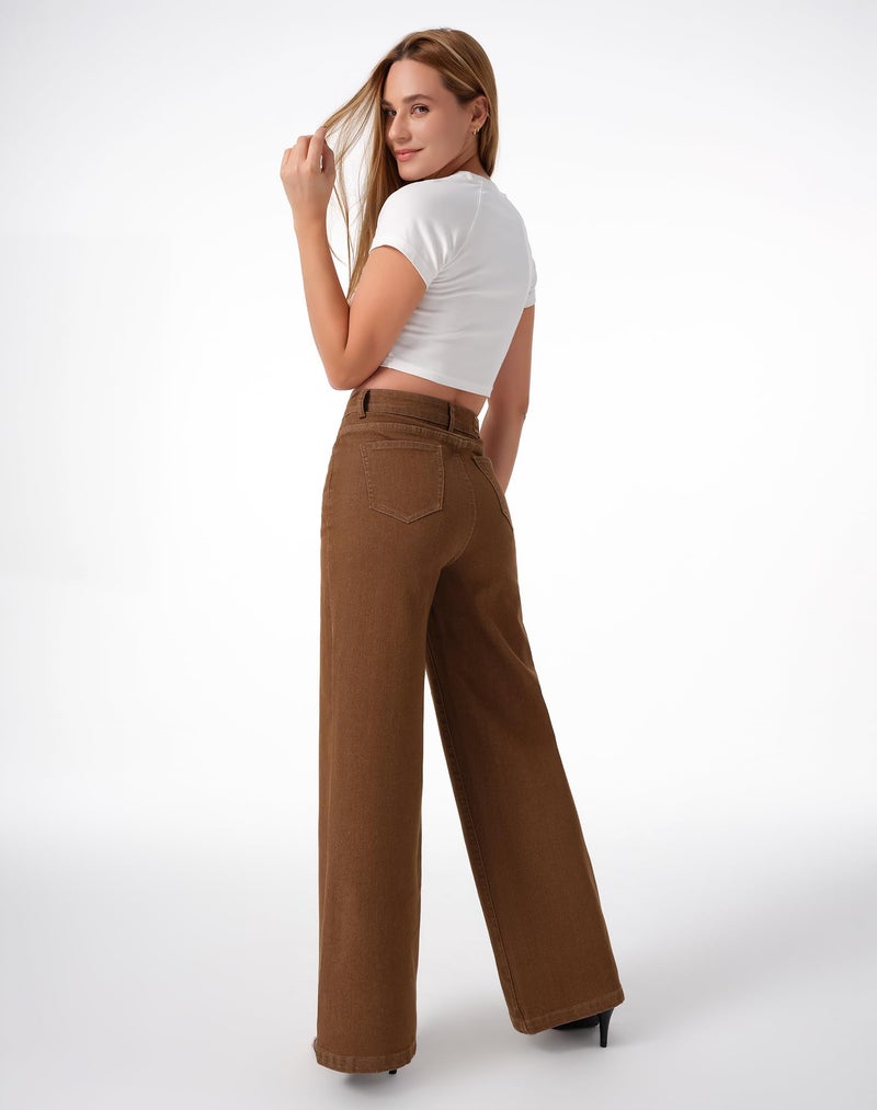 roswear Women's Wide Leg Jeans High Waisted Stretchy Denim Trouser Pants Saddle Brown Medium - Image 3