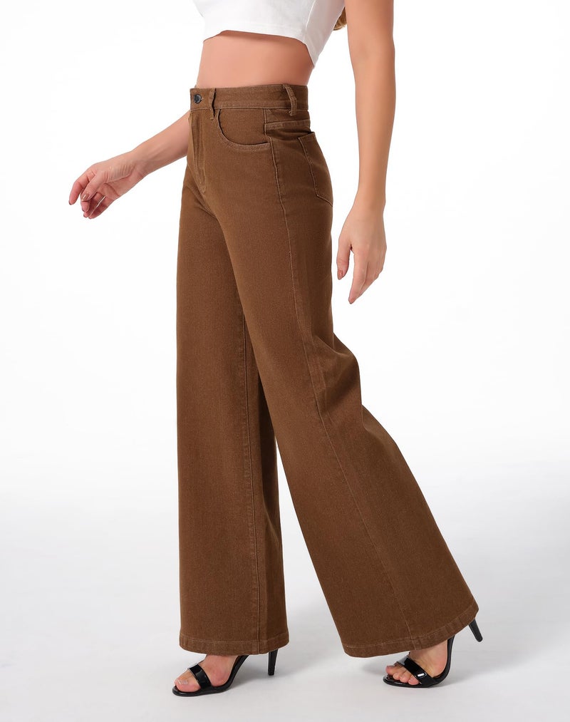 roswear Women's Wide Leg Jeans High Waisted Stretchy Denim Trouser Pants Saddle Brown Medium - Image 2