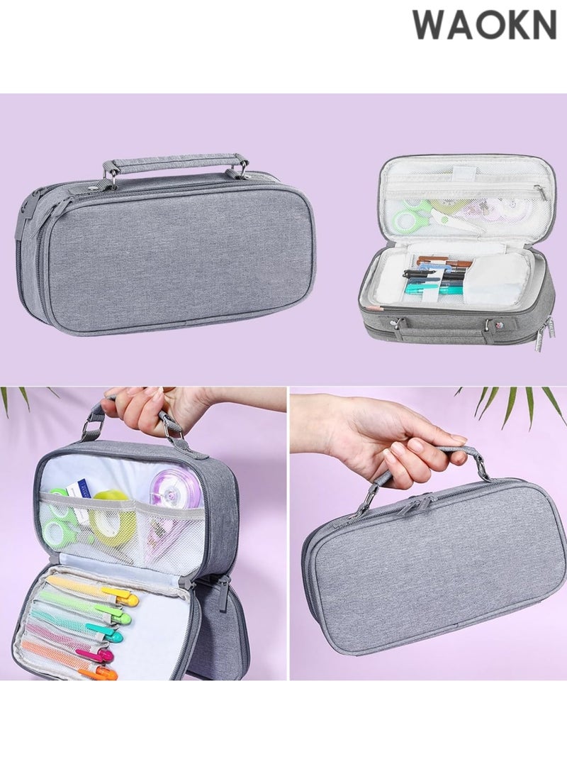 دبليو أيه أو كي أن حافظة أقلام رصاص كبيرة السعة بمقبض - منظم تخزين كبير للمدرسة والمكتب بثلاثة أقسام، تتسع لـ 1000 قلم رصاص ولوازم فنية - حقيبة أقلام رصاص متينة بسحاب للطلاب والمعلمين والمحترفين (رمادي) - Image 3