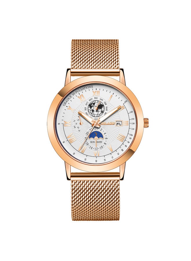 Moon Phase Three-Eye Calendar Men’s Watch with Mesh Band