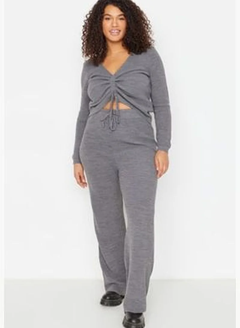 trendyol Gray V-Neck Tie Detailed Knitwear Blouse & Pants Set TBBAW23CP00037