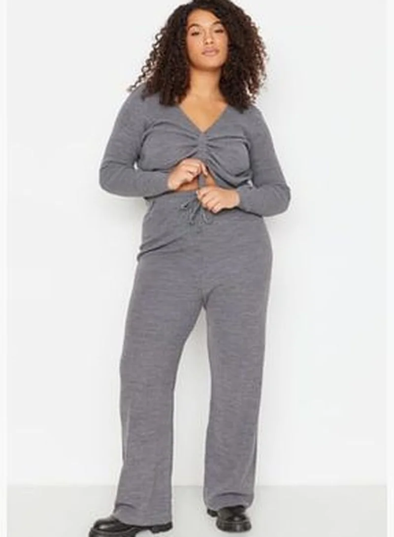 trendyol Gray V-Neck Tie Detailed Knitwear Blouse & Pants Set TBBAW23CP00037