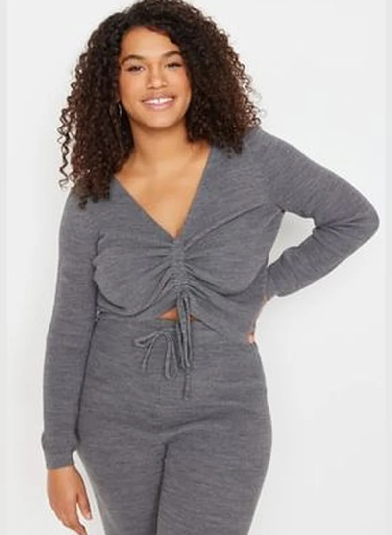 trendyol Gray V-Neck Tie Detailed Knitwear Blouse & Pants Set TBBAW23CP00037