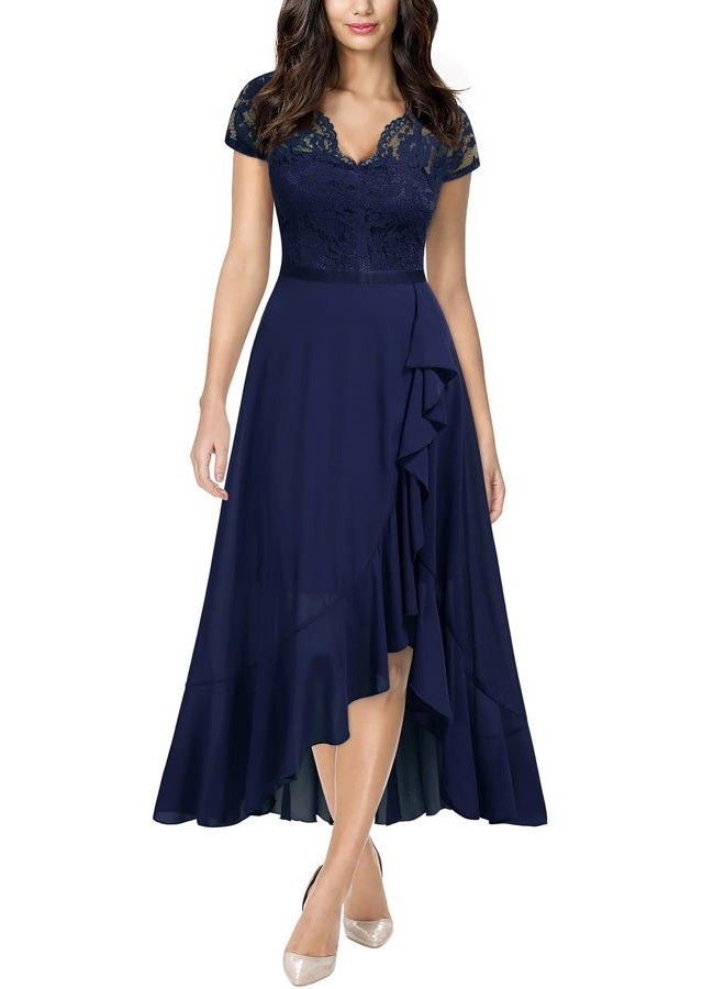 Miusol Women's V Neck Elegant Lace Ruffle Bridesmaid Maxi Dress (Small, Navy Blue), Navy Blue, S - Image 3