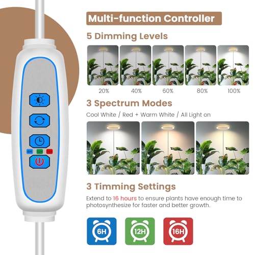 Kullsinss Grow Lights for Indoor Plants, Full Spectrum Plant Lights for Indoor Growing with 6/12/16H Timer, 3 Color Modes, 5 Brightness, 10"-65" Height Adjustable Wood Grain Plant Growing Lamp - Image 5