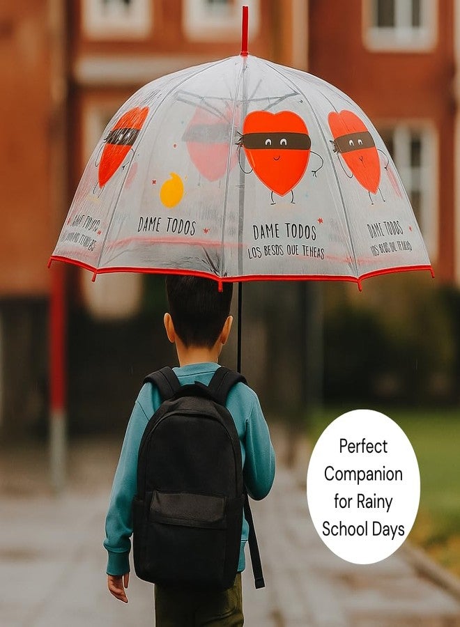 Mega Tree Kids Transparent Dome Umbrella, Button Open, Waterproof, Fun Prints, umbrella for girls and boys | Umbrella for travel and Rain (Heart) - Image 5