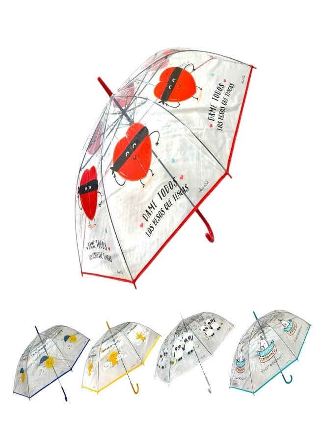 Mega Tree Kids Transparent Dome Umbrella, Button Open, Waterproof, Fun Prints, umbrella for girls and boys | Umbrella for travel and Rain (Heart) - Image 1