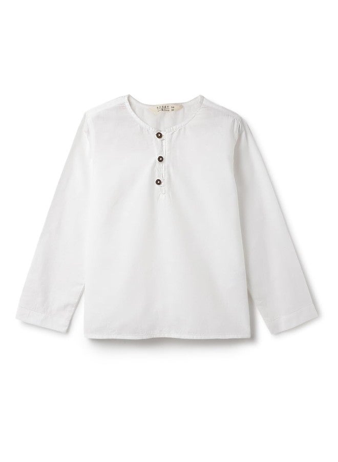 Tales & Stories قمصان كورتا قطنية بيضاء للأولاد | أكمام كاملة، لون موحد، ياقة دائرية | مقاس عادي، إغلاق بأزرار | ملابس عرقية غير رسمية | للأعمار من 2-14 سنة - Image 1