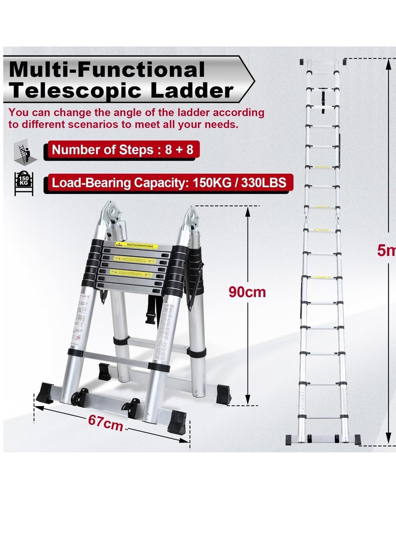 Aluminum telescopic folding ladder, non-slip aluminum ladder, multi-function ladder, 5-meter extension ladder with a load capacity of 150 kg - Image 2