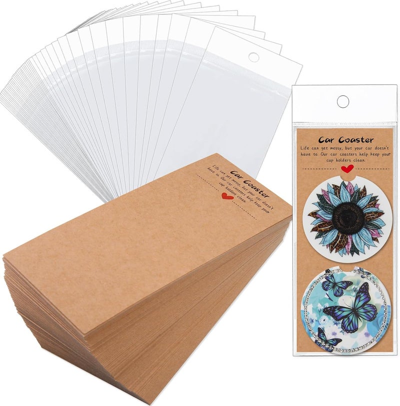 Potanro 100PCS Car Coasters Packaging for Selling, Sublimation Blanks Car Coaster | Sublimation Display Card Set with Bags and Brown Cards 6.8 x 2.9 Inch,Heat Press Machines Accessories (Brown) - Image 1