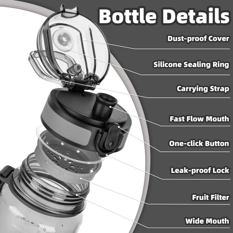 OLDLEY 32 oz Water Bottle, Motivational Water Bottle with Time Marker, Sports Water Bottle With Strap, Leakproof & BPA Free Large Water Bottles for School, Gym,Outdoor, Tritan, Transparent-Gray - Image 2