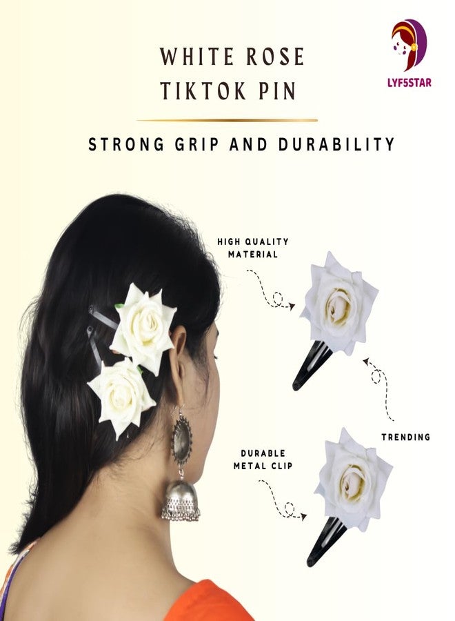LYF5STAR White Color Handmade Rose Tiktok, Rose Hair Accessories for Stylish Bridal Women, Elegant Wedding Hair Accessories | Pack of 4 - Image 3