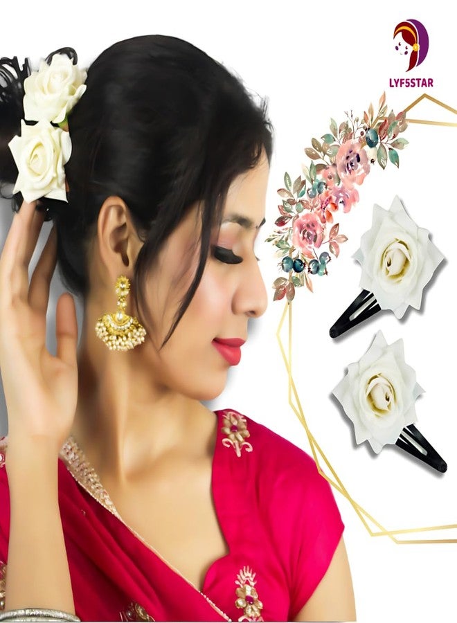 LYF5STAR White Color Handmade Rose Tiktok, Rose Hair Accessories for Stylish Bridal Women, Elegant Wedding Hair Accessories | Pack of 4 - Image 2