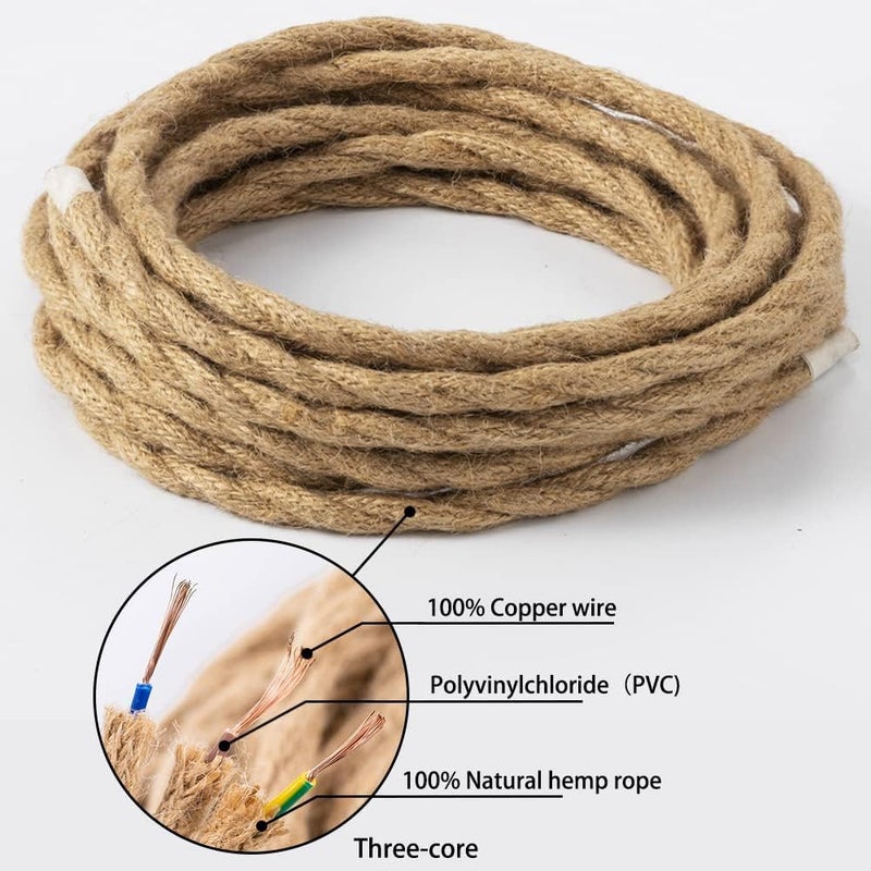 LED Lighting 10M Electrical Wire Rope,3 Core Hemp Rope Weaving Electrical Wire,Linen Cable Coated Copper Retro Braided Industrial Rope Core Copper 0.75mm² DIY Pendant Lamp - Image 5