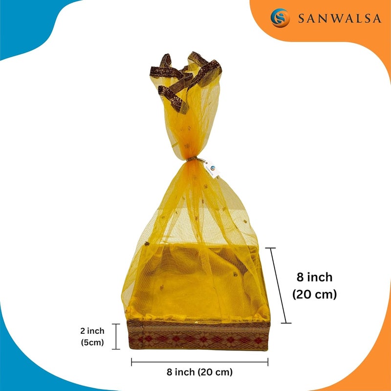 SANWALSA (Small, 8x8x2 inch, Square) MDF Base Designer Gift Hamper Packaging Baskets with Net Cover, Gift Hamper Organiser perfect for any occasion (Yellow) - Image 4