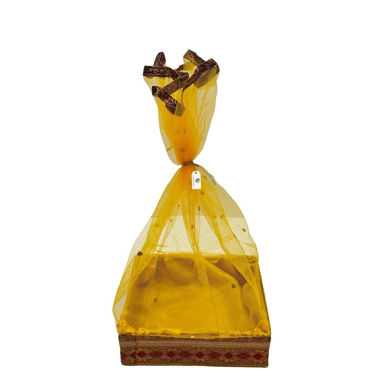 SANWALSA (Small, 8x8x2 inch, Square) MDF Base Designer Gift Hamper Packaging Baskets with Net Cover, Gift Hamper Organiser perfect for any occasion (Yellow) - Image 1