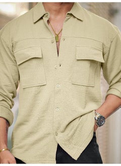 Maniac Mens Solid 2 Pockets collared Neck Full Sleeve Beige Oversized Cotton Shirt  - Image 3