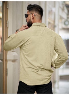 Maniac Mens Solid 2 Pockets collared Neck Full Sleeve Beige Oversized Cotton Shirt  - Image 4