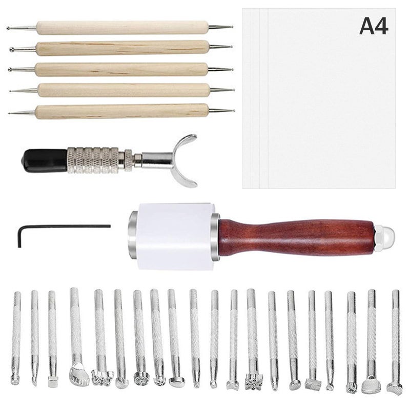 KIDENEI 31 PCS Leather Craft Set Include 20 Leather Stamping Tools 1 Leather Hammer 1 Swivel Knife 5 Tracing Pen and 4 Tracing Paper Leather Carving Tools Kit for Leather Crafting
