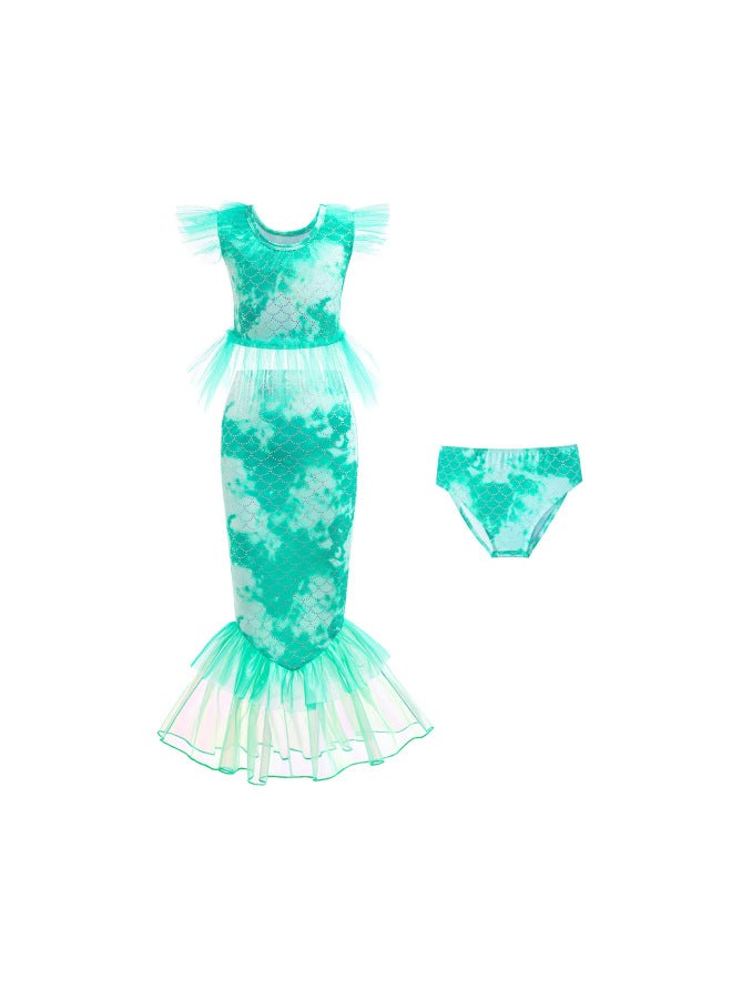 Children's Mermaid Colorful Swimsuit Skirt Three-piece Set With Underwear Girls Mesh Small Flying Sleeves Split Mermaid Tail