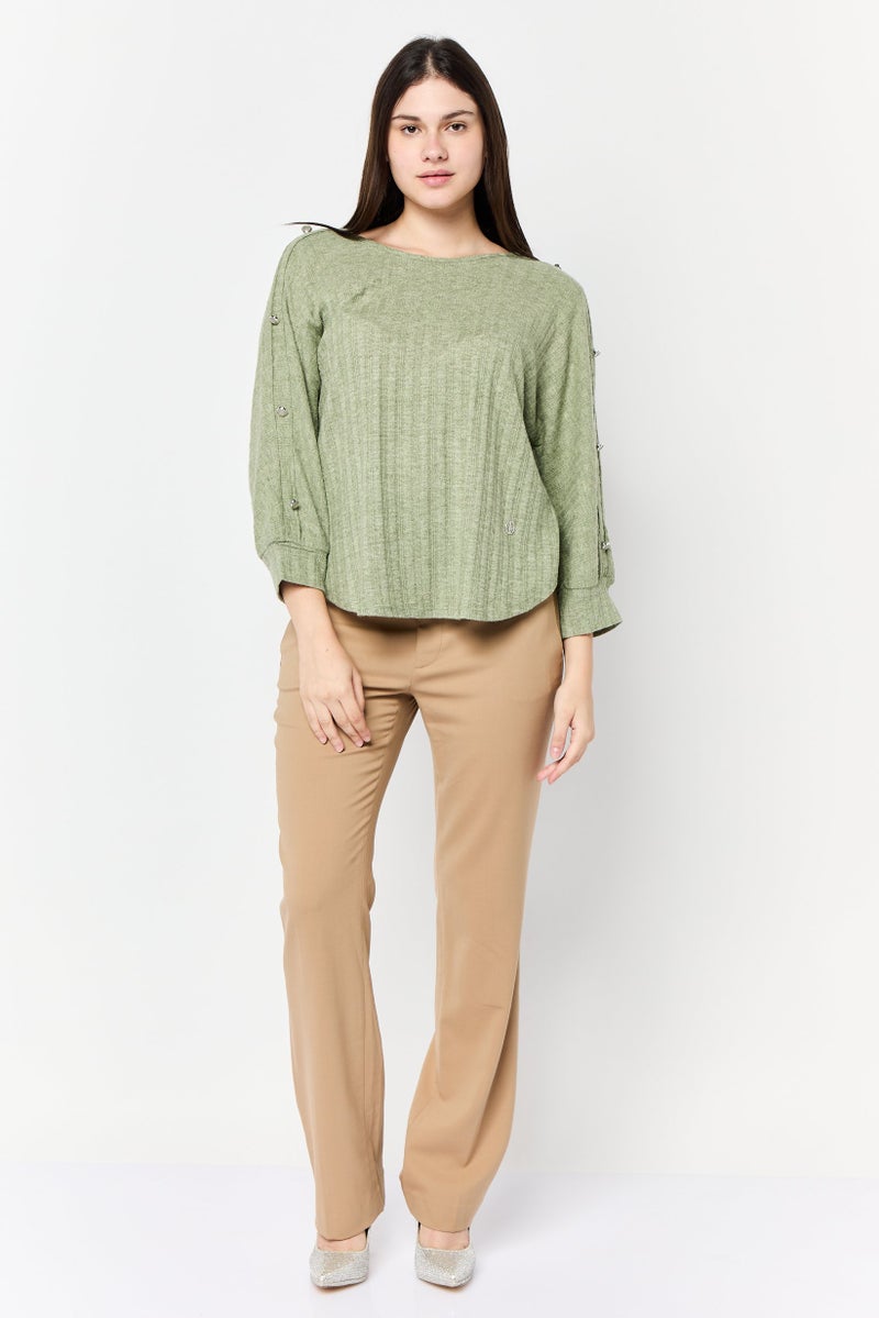 ADRIENNE VITTADINI بلوزة نسائية بأكمام طويلة وياقة دائرية، خضراء - Image 2