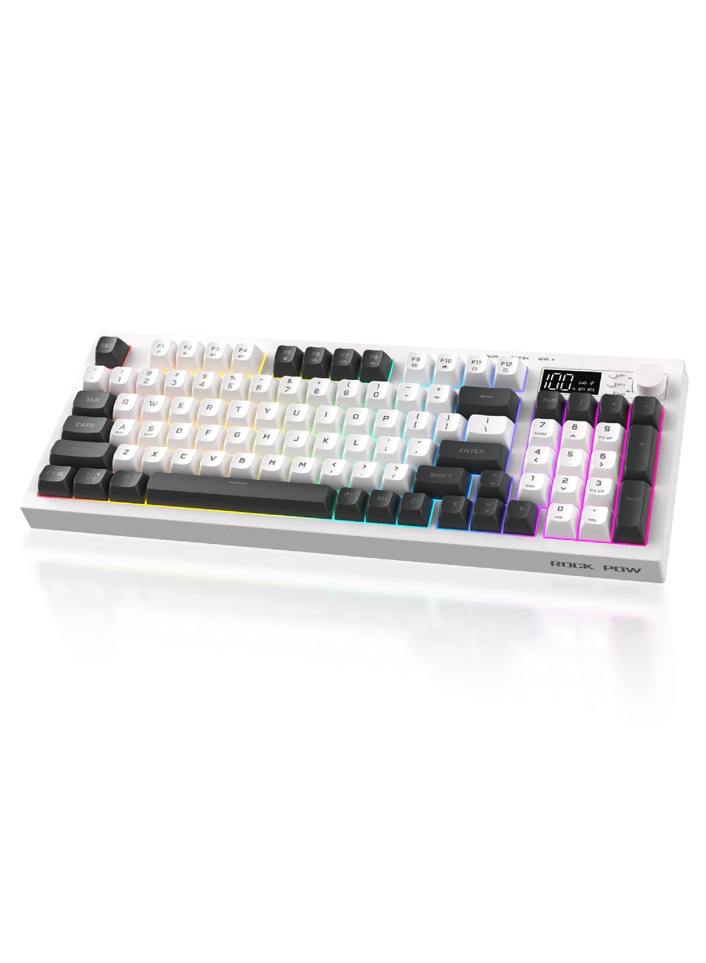 ROCK POW 85% 94 Key Wireless Gaming Keyboard Bluetooth Computer Keyboard with Media Knob Number Pad RGB Backlit Tri Mode BT/USB-C/2.4GHz Membrane Keyboards for PC/Tablet/Xbox/PS4/PS5