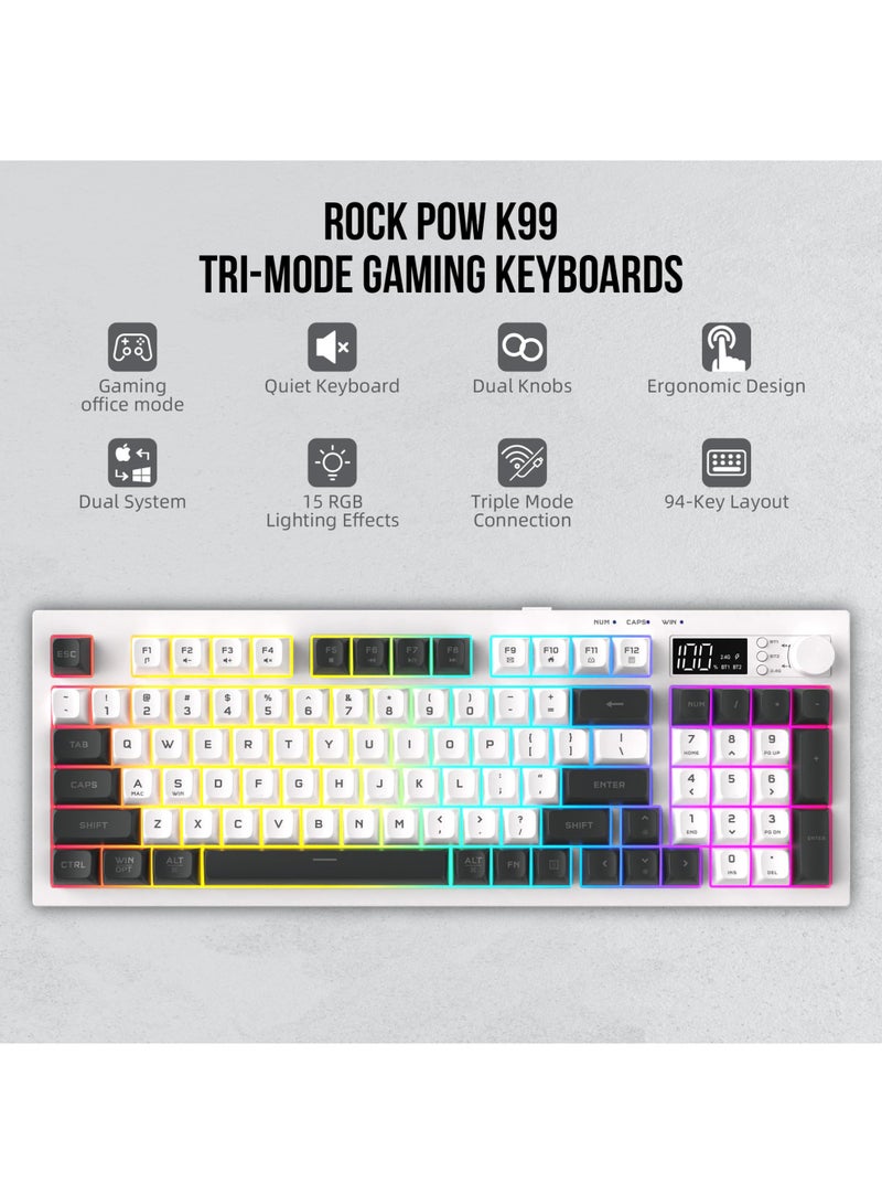 روك بو لوحة مفاتيح ألعاب لاسلكية ROCK POW 85% 94 مفتاحًا مزودة بتقنية البلوتوث ولوحة مفاتيح كمبيوتر مزودة بمقبض وسائط ولوحة أرقام وإضاءة خلفية RGB ولوحة مفاتيح غشائية ثلاثية الوضع بتقنية البلوتوث/USB-C/2.4 جيجاهرتز لأجهزة الكمبيوتر/الكمبيوتر اللوحي/Xbox/PS4/PS5 - Image 2