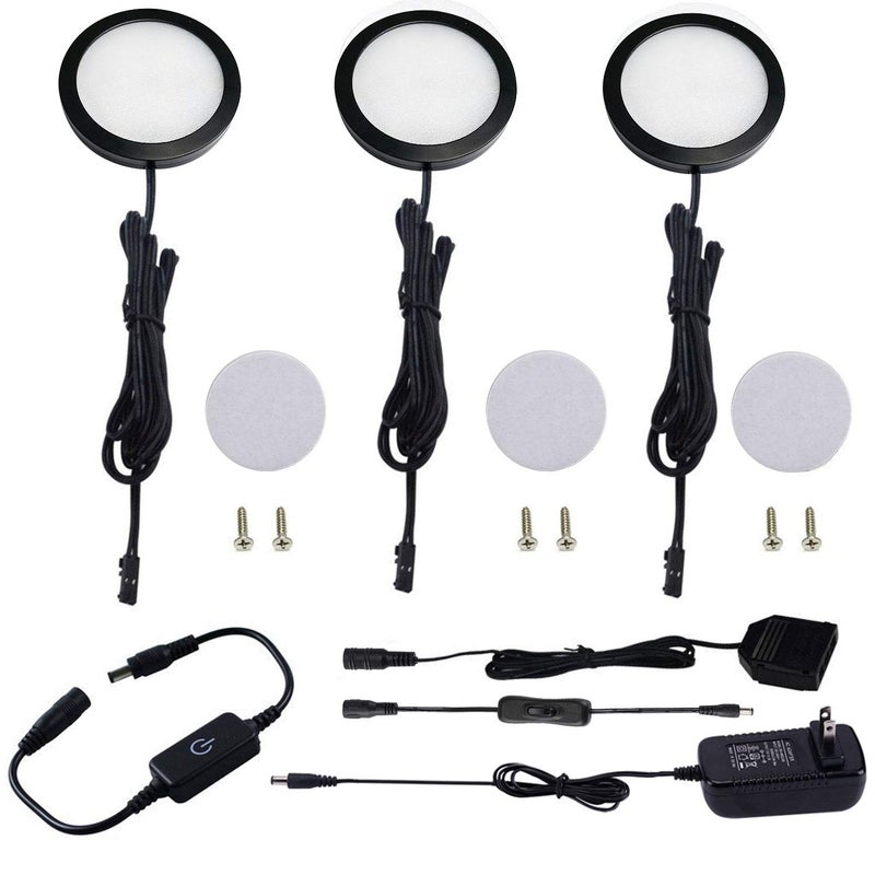 AIBOO Under Cabinet LED Black Cover Puck Lighting Kit with Touch Dimmer Switch for Kitchen Cupboard Closet Lighting (3 Lights,Warm White) - Image 1