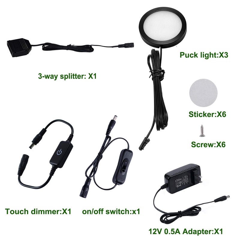 AIBOO Under Cabinet LED Black Cover Puck Lighting Kit with Touch Dimmer Switch for Kitchen Cupboard Closet Lighting (3 Lights,Warm White) - Image 2