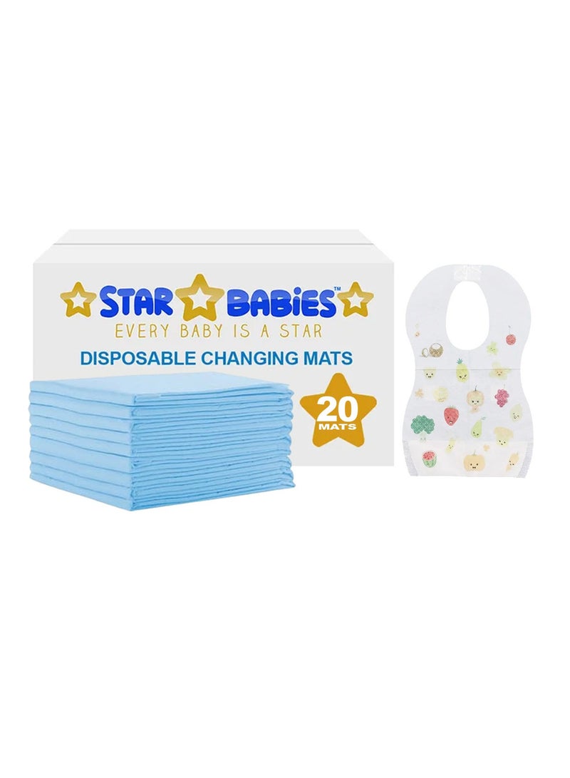 Star Babies - Combo Pack of 2- Disposable Changing Mat Pack of 20 with Disposable Bibs (20 Pcs) - Blue - Image 1