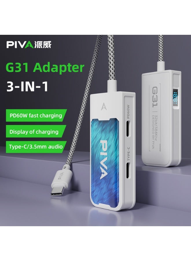 PIVA G31 3 in 1 USB C to Type-C Adapter with 60W Fast Charging, 32bit/HZ Khz Mbps DAC, 3.5mm/Type-C Audio Port with Charging Power Display Compatible with Type-C Devices, Type-C iPhones, and iPads - Image 2