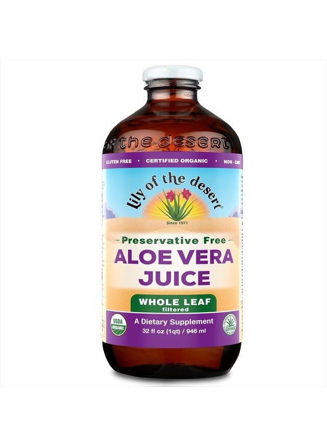 Lily Of the Desert Aloe Vera Juice, Preservative Free - Whole Leaf Filtered Aloe Vera Drink, USDA-Certified Organic Aloe Juice for Gut Health, Wellness, Glowing Skin, 32 Fl Oz  - Image 1