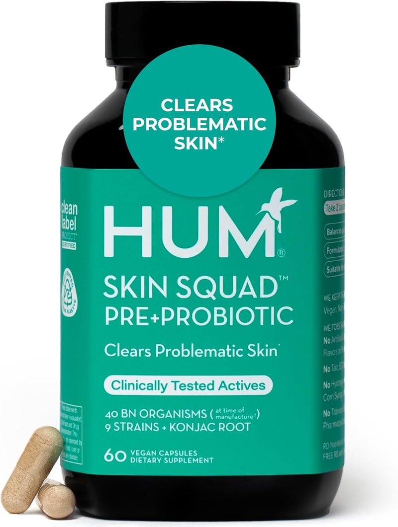 HUM Skin Squad  Probiotic Supplement for Clear Skin  Gut Health  Microbiome Probiotics for Breakouts 60Count - Image 1