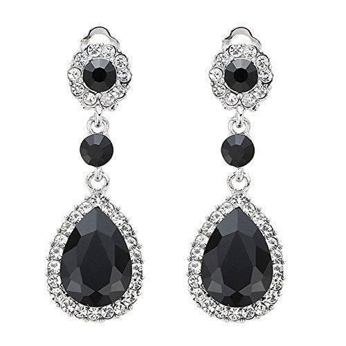 YINLI Gorgeous Austrian Cut Crystal Rhinestone Ear Clip on Earring Wedding Bridal Teardrop Drop Dangle Earrings (Clip on Black) - Image 1